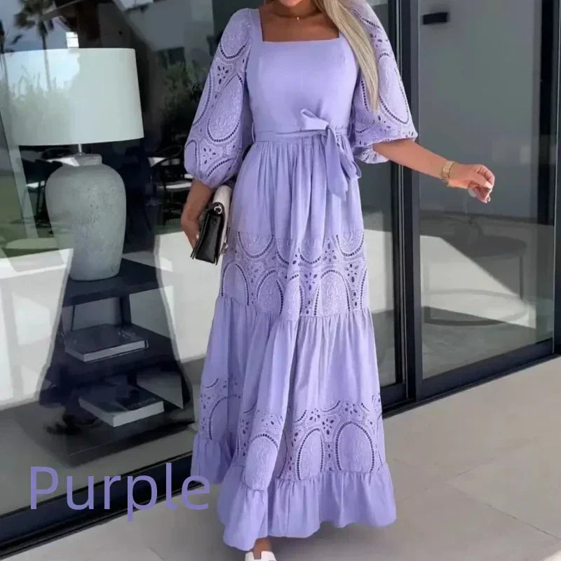 đ·Womenâs Trendy Patchwork Tie Waist Square Neck Long Dress