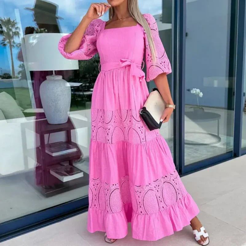 đ·Womenâs Trendy Patchwork Tie Waist Square Neck Long Dress