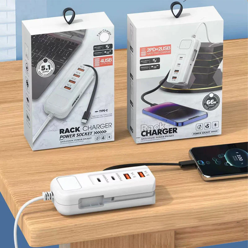 ⚡ Multi-Function Fast Charger 2PD + 2USB! 🔌📱 66W, Built-in Type-C Cable, Safely Charges 4 Devices Simultaneously