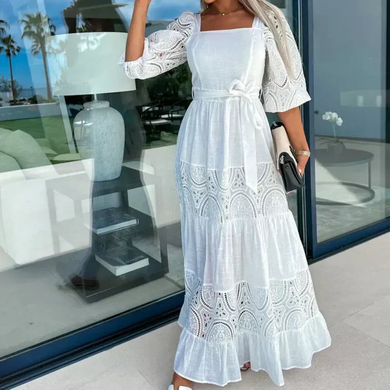 đ·Womenâs Trendy Patchwork Tie Waist Square Neck Long Dress