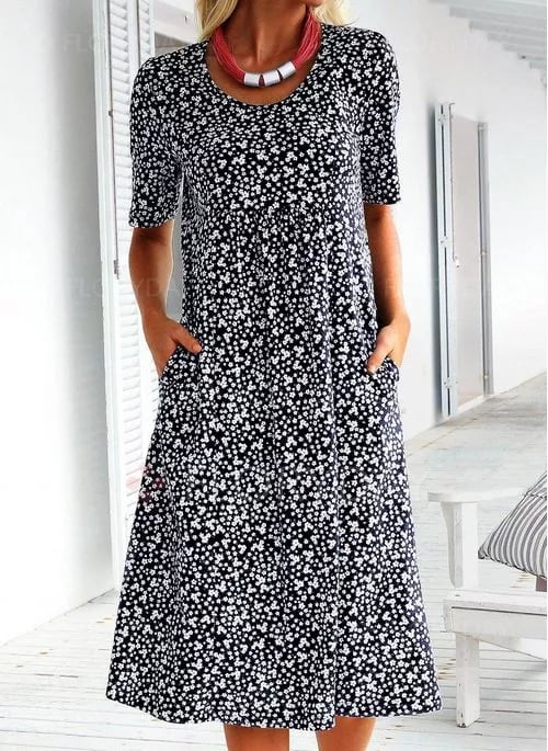 Casual Women Scoop Neck Floral Dress (with pockets)
