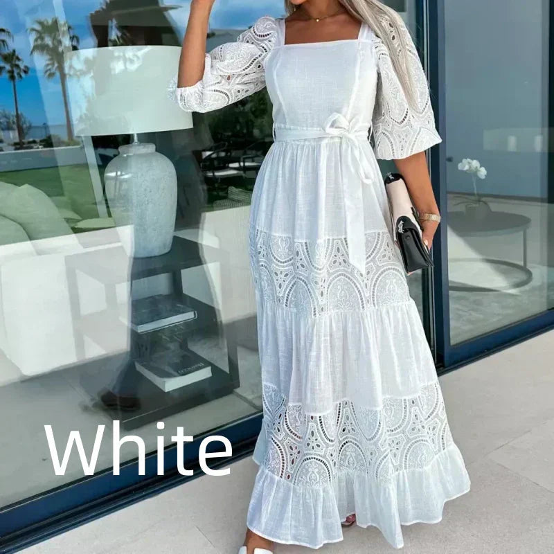 đ·Womenâs Trendy Patchwork Tie Waist Square Neck Long Dress