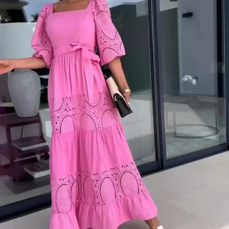 đ·Womenâs Trendy Patchwork Tie Waist Square Neck Long Dress