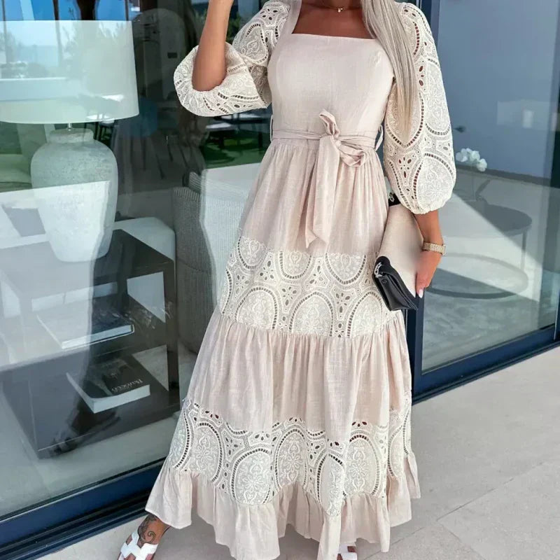 đ·Womenâs Trendy Patchwork Tie Waist Square Neck Long Dress