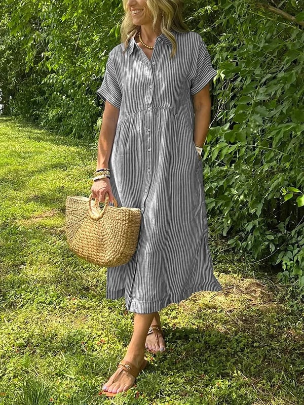 🔥Striped Lapel Button Down Shirt Dress | With Functional Pockets