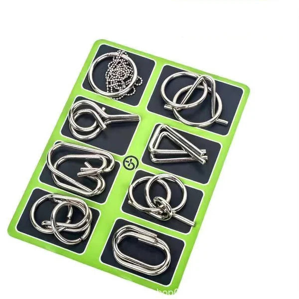 Metal Puzzle Ring Set (8-Piece) Blue Edition Brain Teaser Game