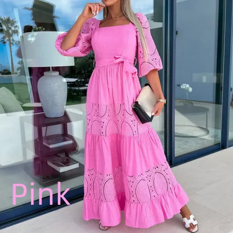 đ·Womenâs Trendy Patchwork Tie Waist Square Neck Long Dress
