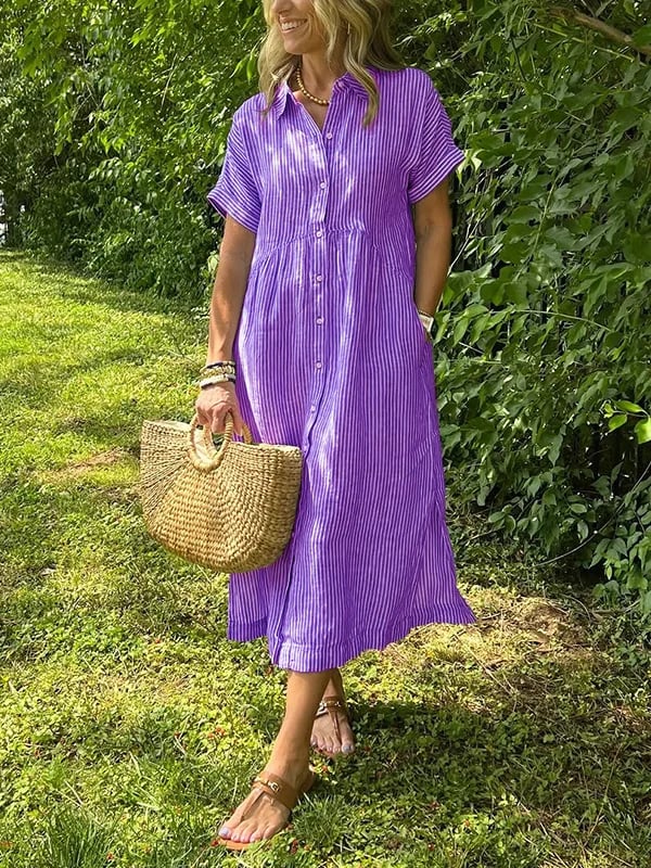 🔥Striped Lapel Button Down Shirt Dress | With Functional Pockets