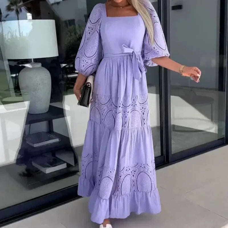 đ·Womenâs Trendy Patchwork Tie Waist Square Neck Long Dress