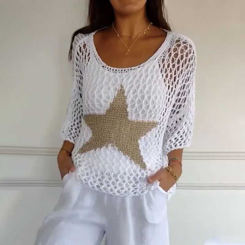 ๐ New Sales ๐Women's Fashion Round Neck Crochet Knit Fishnet Top