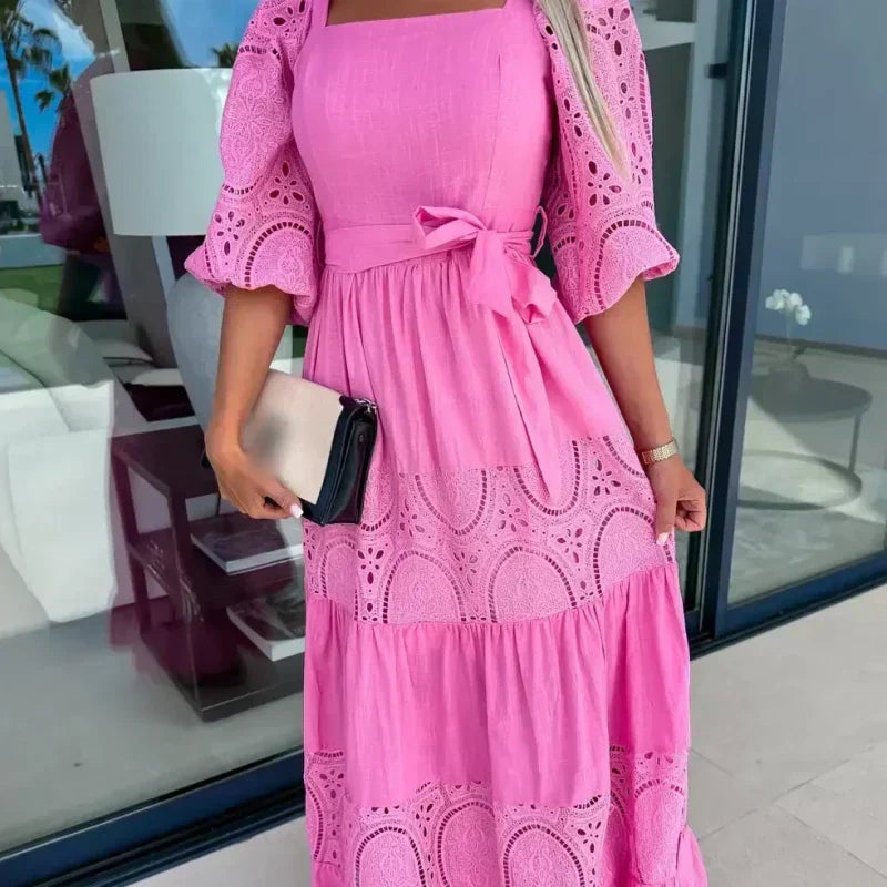 đ·Womenâs Trendy Patchwork Tie Waist Square Neck Long Dress