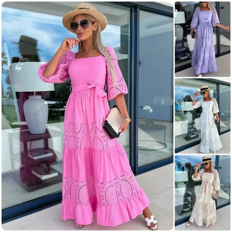 đ·Womenâs Trendy Patchwork Tie Waist Square Neck Long Dress