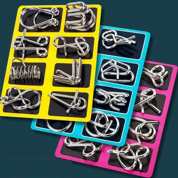 Metal Puzzle Ring Set (8-Piece) Blue Edition Brain Teaser Game