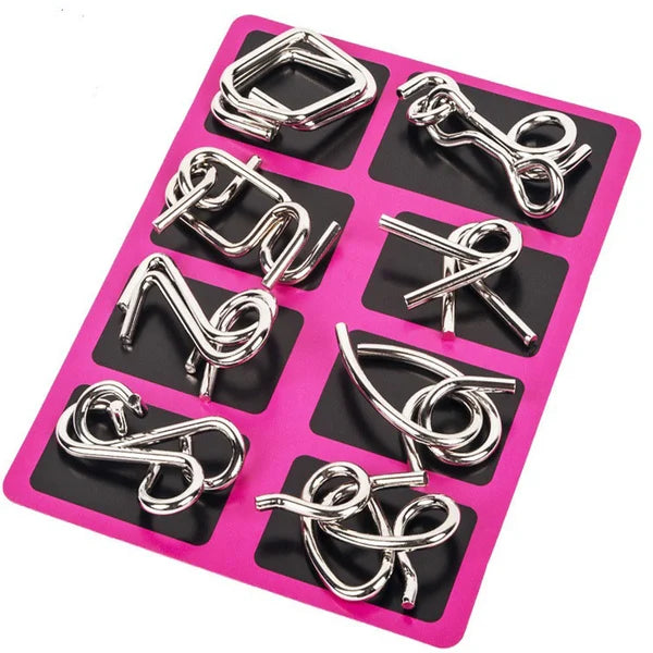 Metal Puzzle Ring Set (8-Piece) Blue Edition Brain Teaser Game
