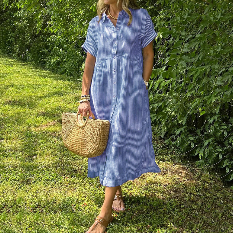 🔥Striped Lapel Button Down Shirt Dress | With Functional Pockets