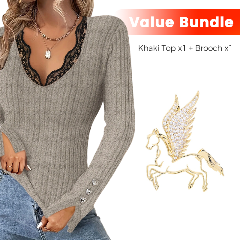 ⏳Time-Limited Special⏰Value Bundle: Lace Detail V-Neck Top for Women + Brooch