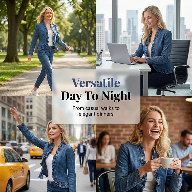 ๐งฅ Women's Ruffle Trim Open-Front Denim Jacket โ Lightweight, feminine & versatile โ chic for any outfit ๐