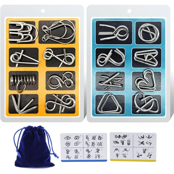 Metal Puzzle Ring Set (8-Piece) Blue Edition Brain Teaser Game
