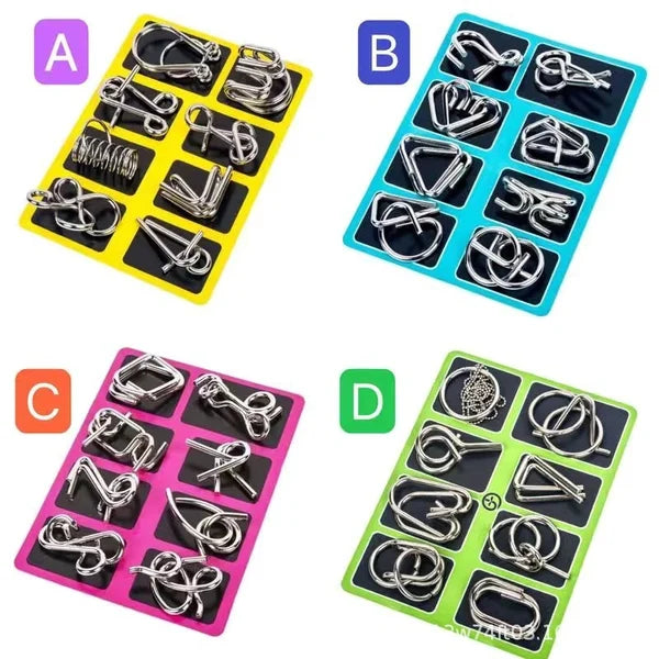 Metal Puzzle Ring Set (8-Piece) Blue Edition Brain Teaser Game