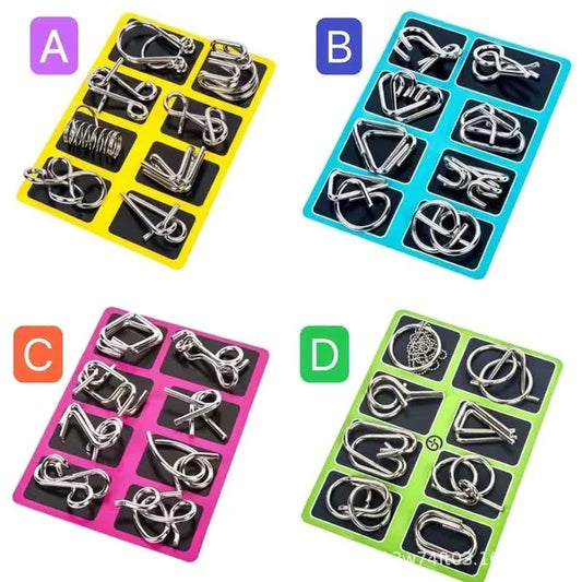 Metal Puzzle Ring Set (8-Piece) Blue Edition Brain Teaser Game