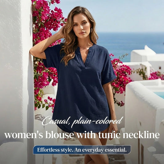 💎 Fashion Loose Short Sleeve Top – Notched V-Neck, Asymmetrical Hem & Lightweight Fabric (5 Colors, S–2XL) 👕🌸