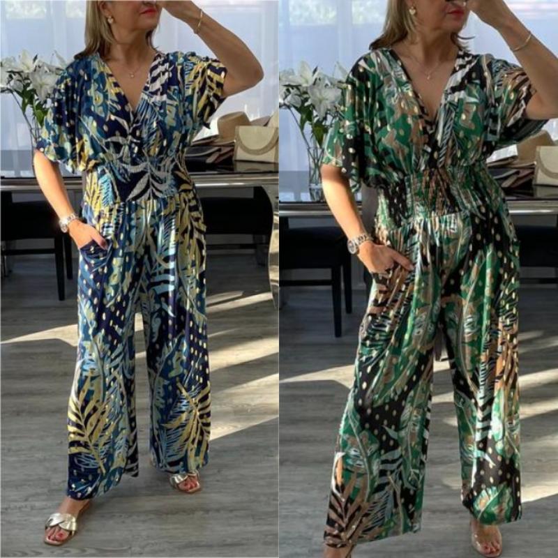 🌹Women's Summer Fashion Leaf Print Plus Size Bodysuit with Elastic Waist