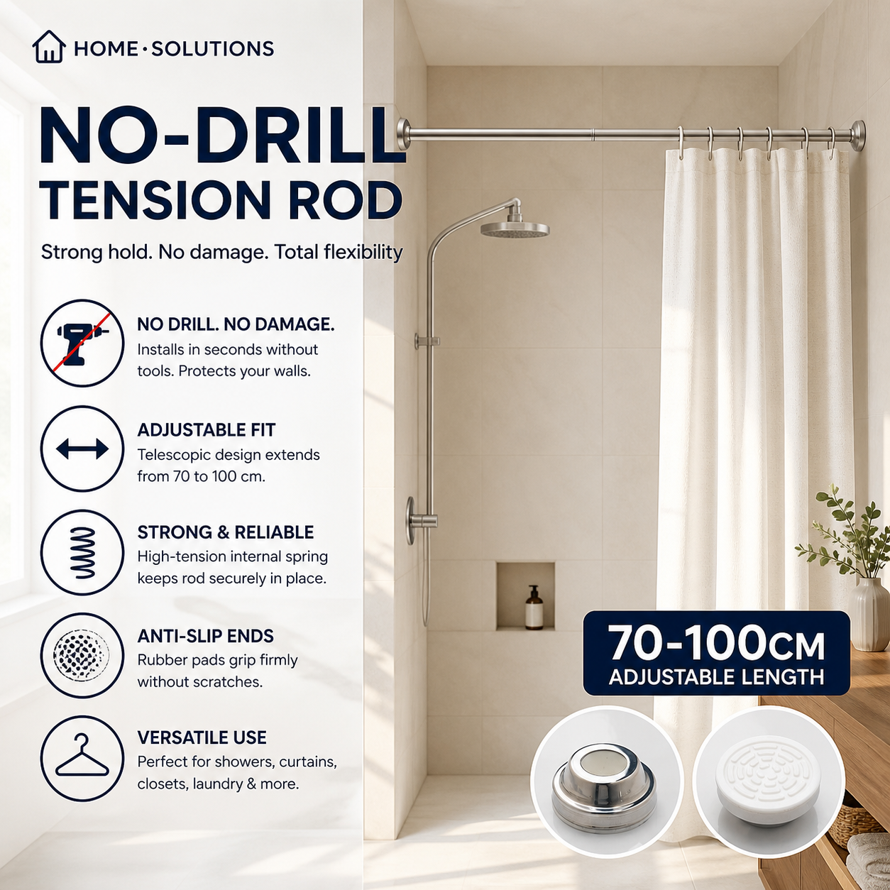 🛏️ 🔧 Adjustable No-Drill Tension Rod – Damage-Free Install, Anti-Slip & Multi-Purpose, Max 15KG Load 🏠