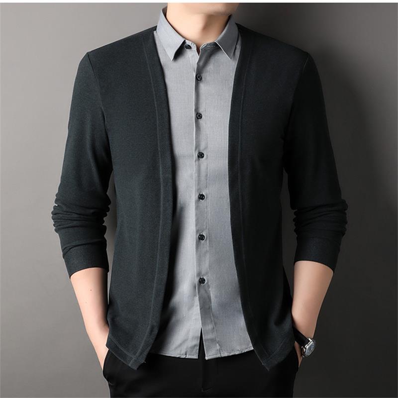 Men's Fake Two Piece Shirt Collar Knitted Cardigan