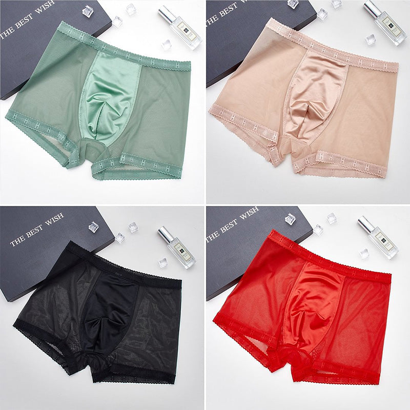 【Buy 3 Get 1 Free】Men's High-End Satin Luxury Lace Breathable Mesh Seamless Antibacterial Boxer Briefs