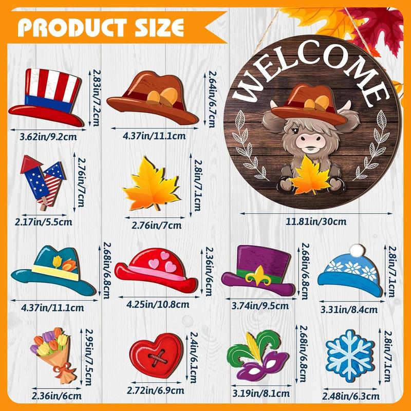 🐇 Easter Sale💥Highland Cow Sign Interchangeable Welcome Sign with Magnet Detachable Hats Cute Cattle Hanging