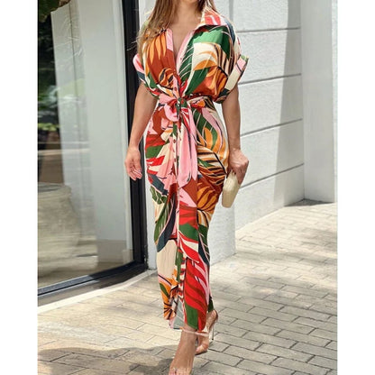 🔥Casual Lapel Neck Waist Print Shirt Dress