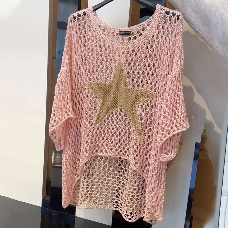 😍 New Sales 👗Women's Fashion Round Neck Crochet Knit Fishnet Top