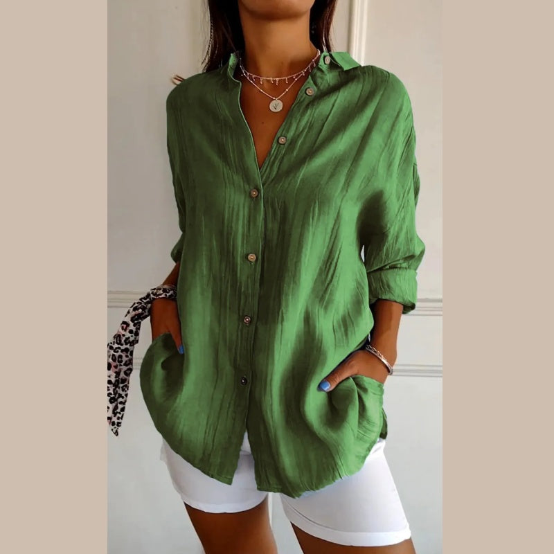 Classic Pleated Textured Single-Breasted Lapel Shirt for Women