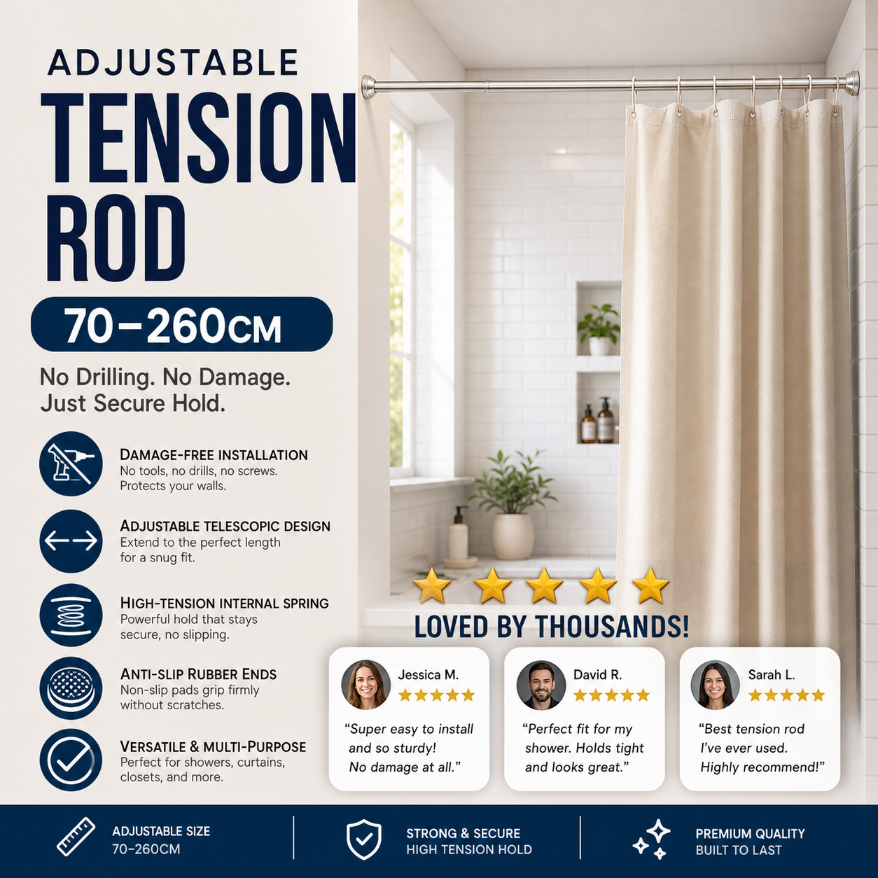 🛏️ 🔧 Adjustable No-Drill Tension Rod – Damage-Free Install, Anti-Slip & Multi-Purpose, Max 15KG Load 🏠