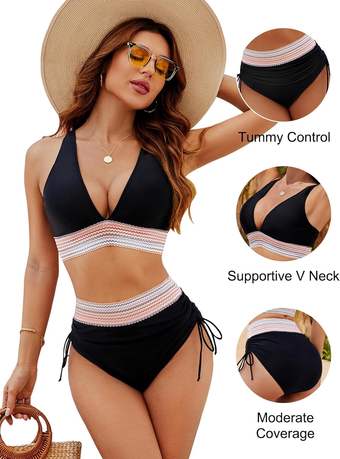 👙High Waisted Tummy Control Colour Block Bikini Sets