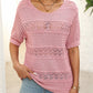 Women's Round Neck Hollow Knit Crochet Short Sleeve Sweater