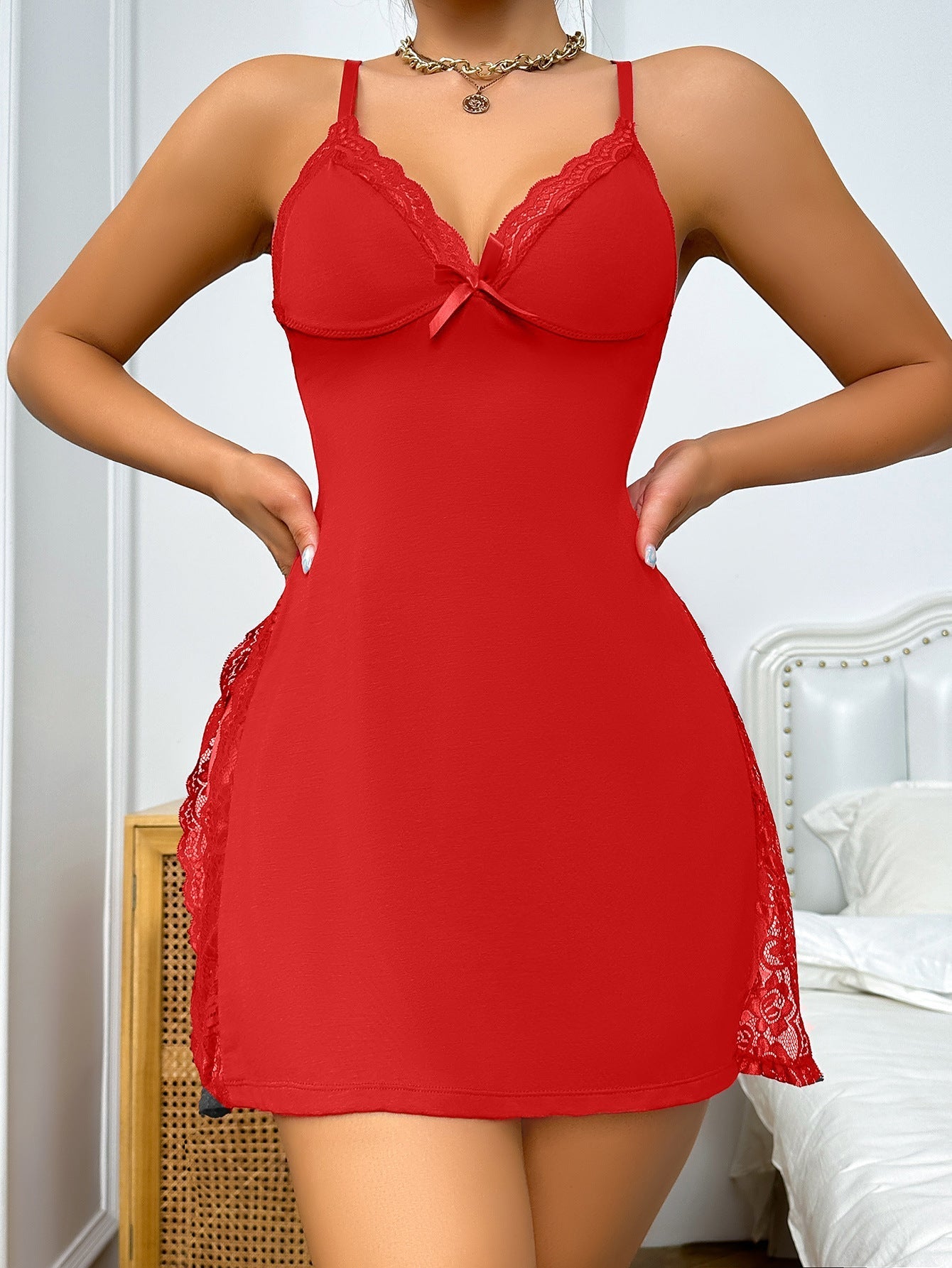💕Lace Trimmed Slit Bow Embellished Sexy Dress