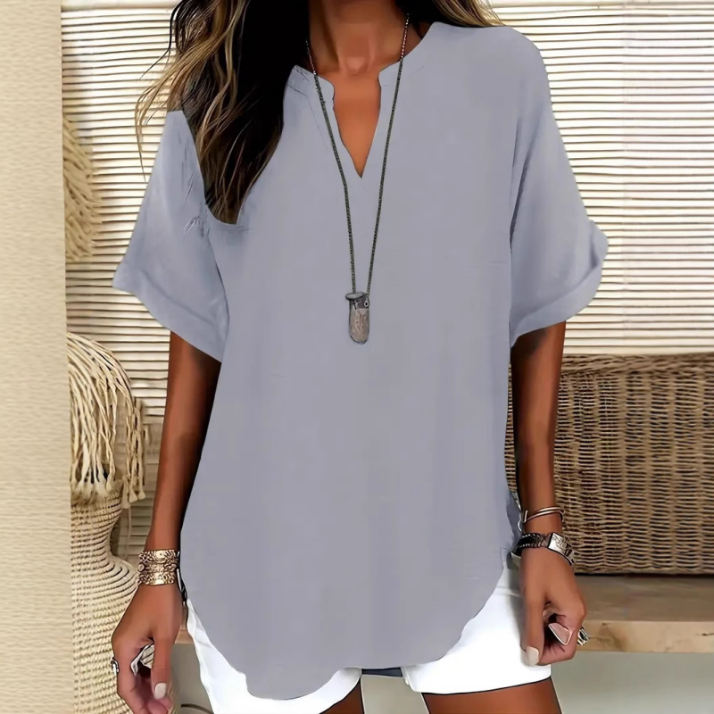 💎 Fashion Loose Short Sleeve Top – Notched V-Neck, Asymmetrical Hem & Lightweight Fabric (5 Colors, S–2XL) 👕🌸