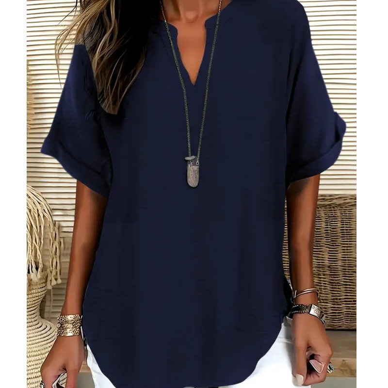 💎 Fashion Loose Short Sleeve Top – Notched V-Neck, Asymmetrical Hem & Lightweight Fabric (5 Colors, S–2XL) 👕🌸