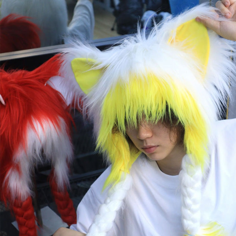 Plush Cat Ear Winter Hat with Braided Pigtails