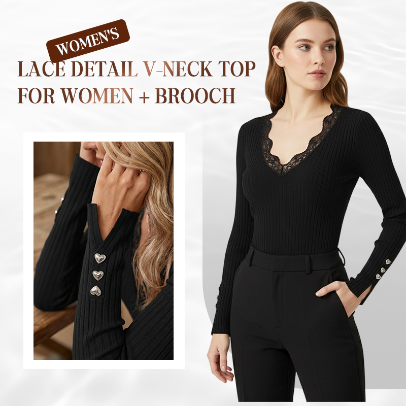 ⏳Time-Limited Special⏰Value Bundle: Lace Detail V-Neck Top for Women + Brooch
