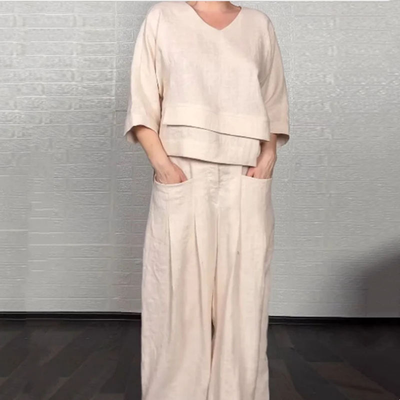 Irregular Hem Cotton Linen Short Sleeve Casual 2-Piece Set