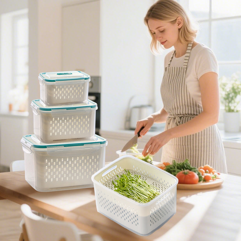 🥗 🧊 2 in 1 Draining Fresh-Keep Food Container – Airtight & Microwave Safe – Fridge Essential 🔒