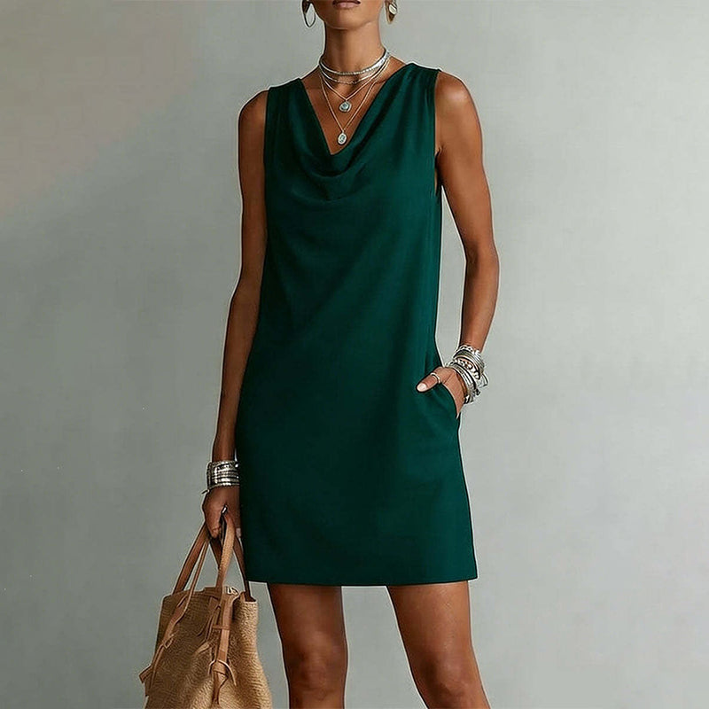 👗 Elegant Slim Fit Cowl Neck Dress – Sleeveless, Side Pockets, Versatile ✨