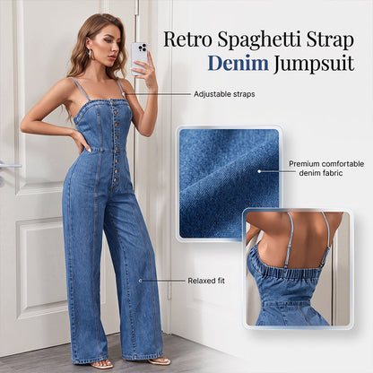 💞 Women Spaghetti Strap Wide Leg Denim Jumpsuit👖