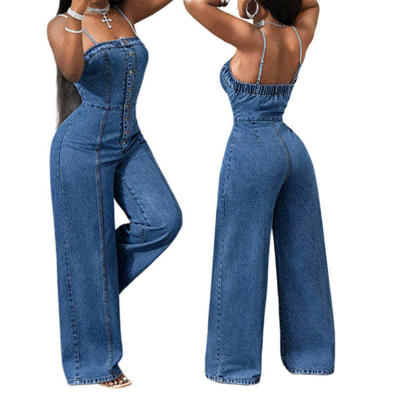 💞 Women Spaghetti Strap Wide Leg Denim Jumpsuit👖