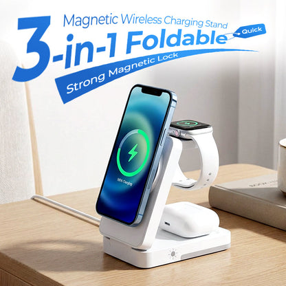 🔋 3-in-1 Foldable Magnetic Charging Stand | Wireless Charging Station for Phone, Watch & Earbuds | Compact & Space-Saving ✨