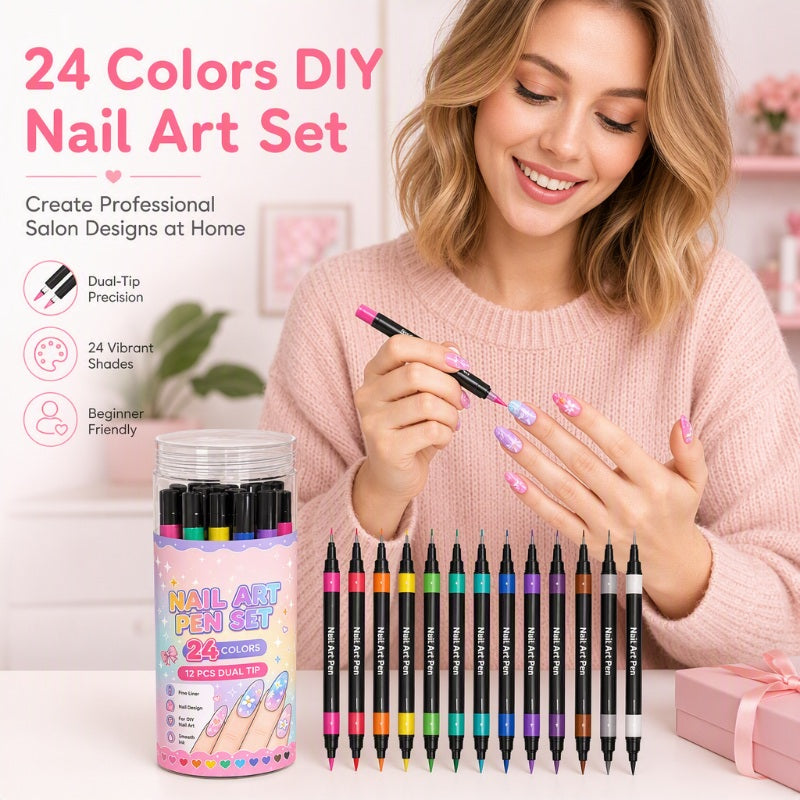 🎁24 Colors Dual Ended Nail Art Pens Set