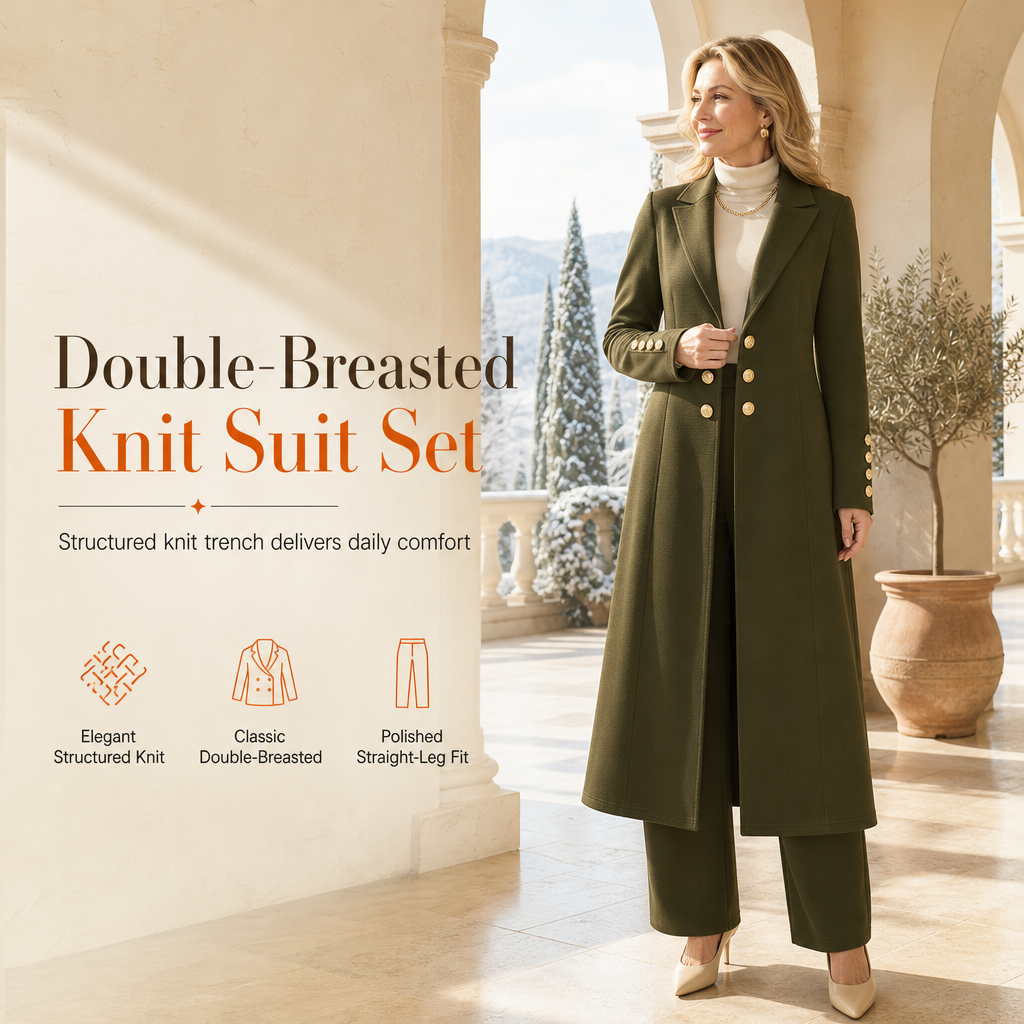 ✨ Women's Double-Breasted Knit Set – Elegant Long Coat + Straight Pants, Gold Buttons Chic Winter Look 💕