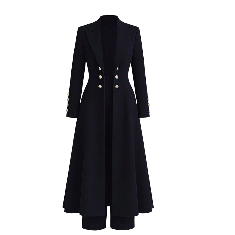 ✨ Women's Double-Breasted Knit Set – Elegant Long Coat + Straight Pants, Gold Buttons Chic Winter Look 💕